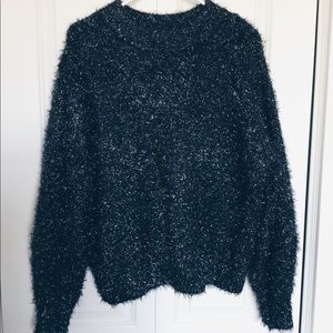 H&M Navy Blue Shiny Holiday Fuzzy Knit Oversized Sweater, Size S